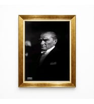 Tablore Siyah Beyaz Atatürk Tablosu Modern Karizmatik Portre Gold Çerçeveli Kanvas