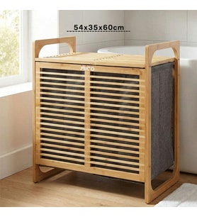 KALIN AHŞAP BAMBU 2 BÖLMELİ KİRLİ ÇAMAŞIR SEPETİ KUMAŞ ÇANTALI SEPET=54X35X60CM (5343)