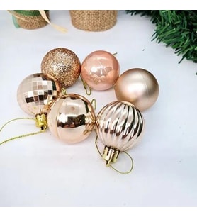 4 cm - Yılbaşı Lüks Top Süs Seti 24 Adet Rose Gold Simli-Parlak-Mat-Disco-Çizgili Asetatlı Kutu