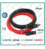 Mc4 Soketli (4m+4m) 8 Metre 4mm Güneş Paneli Hazır Solar Kablo Siyah Kırmızı