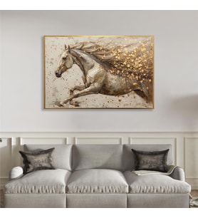 Yağlı Boya Dokulu Tablo Koşan Modern Beyaz At Altın Çerçeveli U04016