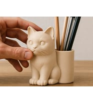 3D Baskı Kedi Figürlü Kalemlik - Masaüstü Organizer - Bej