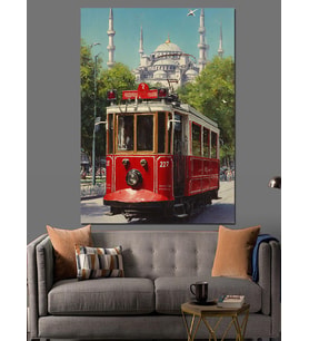 Tarihi İstanbul'Da Kırmızı Tramvay Dekoratif Kanvas - Mdf Ahşap Tablo
