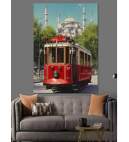 Tarihi İstanbul'Da Kırmızı Tramvay Dekoratif Kanvas - Mdf Ahşap Tablo