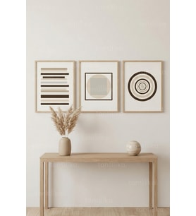 Minimal Geometrik Formlar 3’lü Ahşap Çerçeveli Tablo Seti - Modern Duvar Dekoru