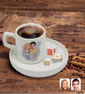 BK Gift Kişiye Özel Sunum Tabaklı Sevgililer Karikatürlü Türk Kahvesi Fincanı Model 98