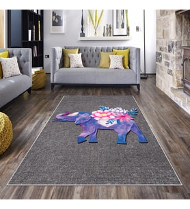 Gri Fil Desenli Yıkanabilir Kaymaz Taban Leke Tutmaz Modern Salon Halısı ve Yolluk (Mavi)