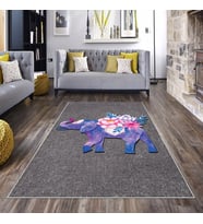 Gri Fil Desenli Yıkanabilir Kaymaz Taban Leke Tutmaz Modern Salon Halısı ve Yolluk (Mavi)
