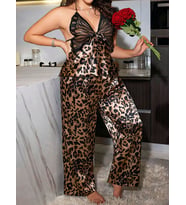 ÖzelTasarım Büyük Beden Leopar Desenli İnce Askılı 2'li Saten Pijama Takımı (Çok Renkli)