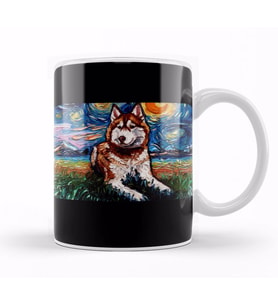 Red and White Husky Night Kupa Bardak Porselen