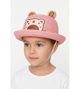 Kız Çocuk Ayıcık Desenli Hasır Şapka İpli Hasır Şapka Ayı Motifli Kız Çocuk Şapkası (Pembe)