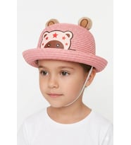 Kız Çocuk Ayıcık Desenli Hasır Şapka İpli Hasır Şapka Ayı Motifli Kız Çocuk Şapkası (Pembe)