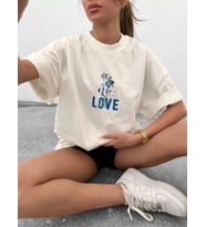 Unisex Bisiklet Yaka Baskılı Oversize T-Shirt - Beyaz