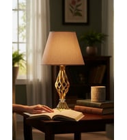 Vizon Kumaş Başlık Gold Burgulu Metal Ayak Modern Abajur 50x25cm