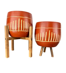 Bitki Tasarımı Dik Çizgi Desenli Toprak Saksı Saksılık Salon Çiçeklik İkili Set 3 Ayaklı- 4 Ayaklı- 19 CM