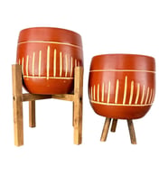 Bitki Tasarımı Dik Çizgi Desenli Toprak Saksı Saksılık Salon Çiçeklik İkili Set 3 Ayaklı- 4 Ayaklı- 19 CM