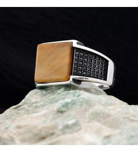 Kaplangözü Taşlı Modern 925 Ayar Gümüş Erkek (Kahverengi)