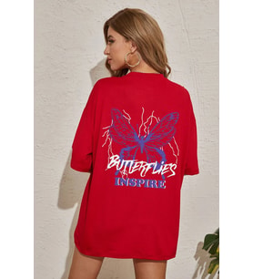Unisex Butterfly & Letter Graphic Tasarım Tshirt (Kırmızı)