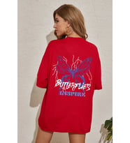 Unisex Butterfly & Letter Graphic Tasarım Tshirt (Kırmızı)