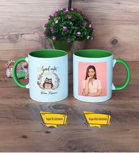 Baykuş Kupa Bardak Yeşil Fotoğraflı