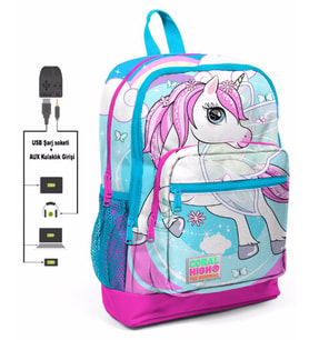 Coral High Mavi Unicorn Baskılı İlkokul ve Günlük Sırt Çantası - Kız Çocuk - USB ve AUX Soketli
