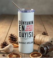 Kişiye Özel Dayıya Hediye Pipetli Çelik Termos Doğum Günü Hediyesi (Beyaz)