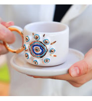 Özce Ceramic Nazar Çemberi 24k Altın Detaylı 170ml Türk Kahvesi Fincan ve Tabak (Doğal Beyaz)