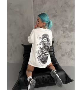 Unisex Baskılı Oversize T-Shirt - Beyaz