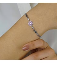 Pembe Çiçek Tasarımlı 925 Ayar Gümüş Kadın Bileklik