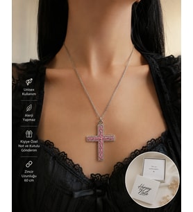 Pembe Gotik Haç Kolye – Unisex Vintage Stil Zincir Kolye 60 CM