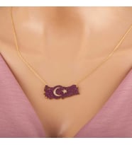 925 Ayar Gümüş Gold Ay Yıldız Türkiye Haritası Kadın Kolye