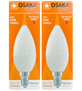 (2 Adet) Osaka 6W (50W) Günışığı (4000K) E14 Duylu (İnce Duy) Led Mum Ampul