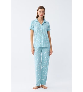Akbeniz Kadın Buz Mavisi Yıldız Desenli Önden Düğmeli Pijama Takımı