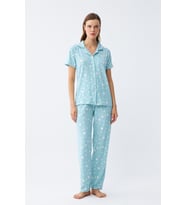 Akbeniz Kadın Buz Mavisi Yıldız Desenli Önden Düğmeli Pijama Takımı