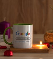 Kişiye Özel Google Tasarım Esprili Ahşap Altlıklı Mumlu Yeşil Kupa