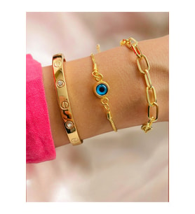 Altın Kaplama 3 lü Kombin Bileklik Seti Gold Renk Kadın Zincir Bilezik Künye Asansör Pandora