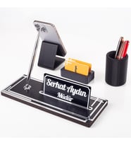 Vera Kalemlikli Gümüş Ahşap Masa İsimliği Seti Çizgi Desenli Hediye Ofis Dekoratif Masa üstü İsimlik