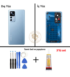Xiaomi Mi 12T PRO Lensli Mavi Arka Pil Kapağı Batarya Kapağı Lazer Kesim + Yapıştırıcı ve Vida Seti