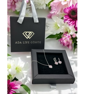 925 Ayar Gümüş Pırlanta Kalp Model Pembe Taşlı 2 li Set Kolye Küpe (ÖZEL KUTULU)