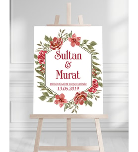 Söz Nişan Düğün İçin 50x70 Karşılama Panosu - Kırmızı Gül Desenli 002