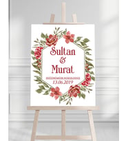 Söz Nişan Düğün İçin 50x70 Karşılama Panosu - Kırmızı Gül Desenli 002