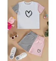 Kalp Baskılı Gri Tshirt Şort Takım