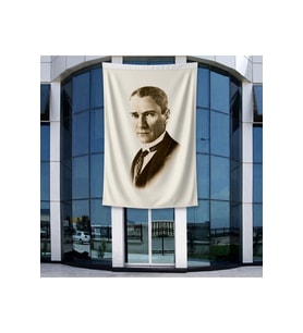 Siyah Beyaz Kalpaklı Atatürk Portresi Poster Bayrak Raşel Kumal 4x6 metre ATA31