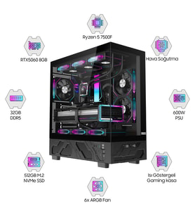 Dragos DRx7928 Ryzen 5 7500F 16GB DDR5 512GB M2 NVMe SSD Gigabyte Windforce 8GB RTX5060 Oem Paket
