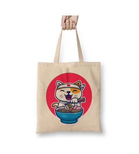Noodle Yiyen Japon Kedi Cat Beyaz Bez Çanta Uzun Saplı Alışveriş Çantası Plaj Çantası