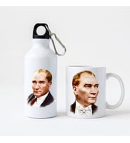 Atatürk Baskılı Hediyelik Set - Metal Matara ve Seramik Kupa Bardak