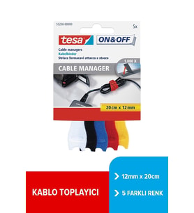 Tesa On & Off Cırt Bant Kablo Toplayıcı Kablo Organizer 12 mm x 20 cm 5 Renk