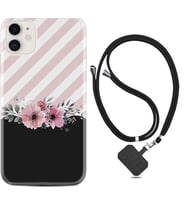 Apple iPhone 11 12 13 Mini Kılıf Boyun Askılı Silikon Strip Pink Flowers 1396