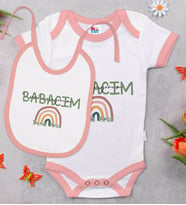 BK Kids Kişiye Özel Babacım Tasarımlı Pembe Bebek Body Zıbın ve Mama Önlüğü Hediye Seti