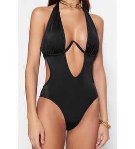 Kadın Moda Kapsız Askılı Derin V Yaka Siyah Balkonet Ters V Balenli High Leg Brazilian Mayokini (Siyah)